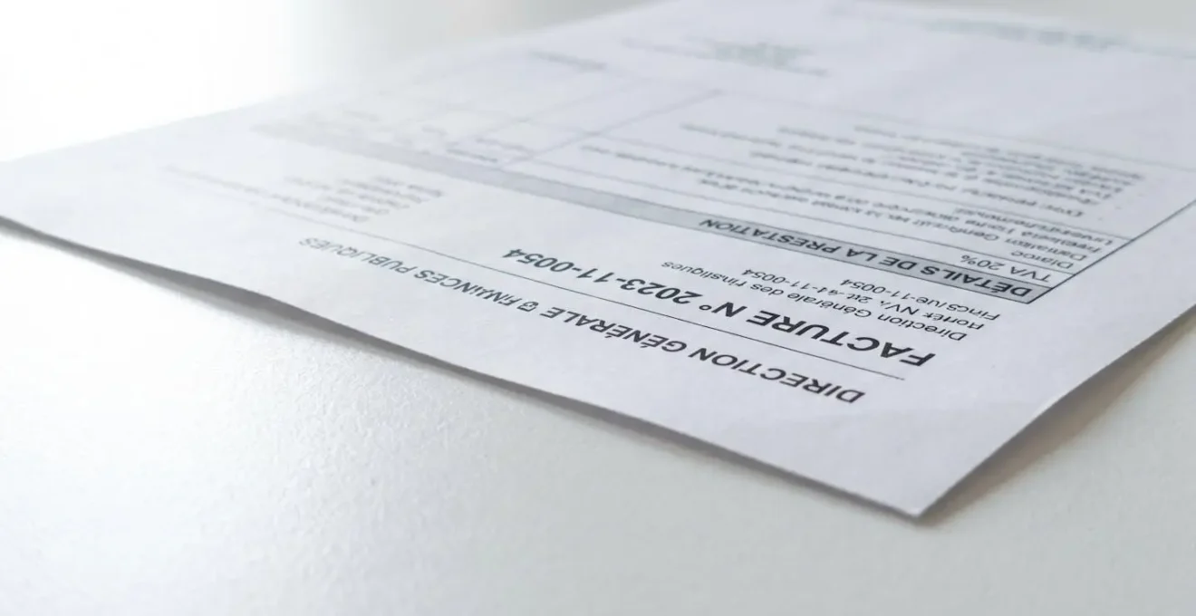 Gros plan sur un document administratif officiel présentant plusieurs lignes de facturation détaillées, posé sur une surface de bureau contemporaine blanche
